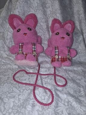 Childrens Pink Plush Bunny Mittens with Strap